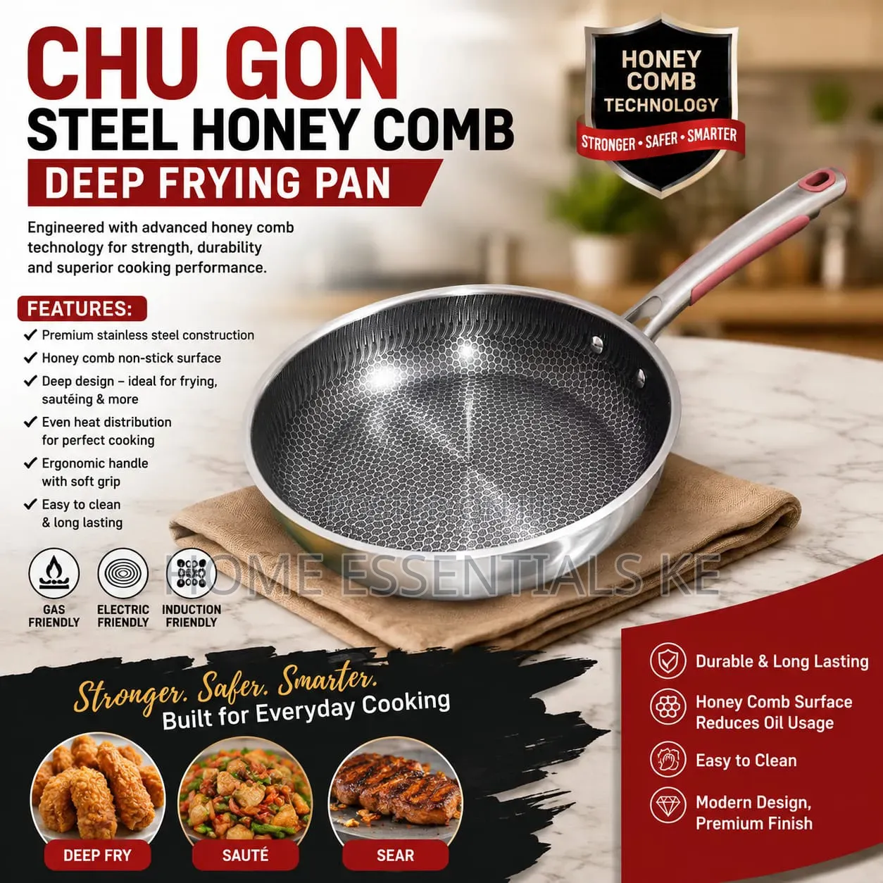 Chu Gon Steel Honey Comb Deep Frying Pan 28cm,30cm,32cm