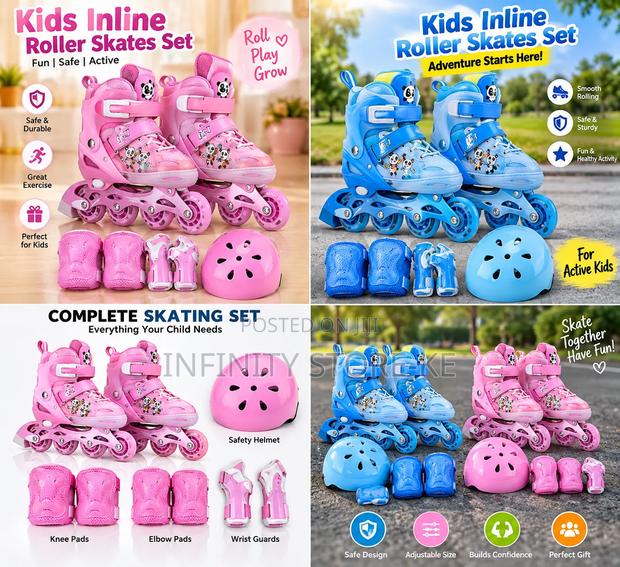 Adjustable Kids Inline Skates With Safety Helmet Protective Gear