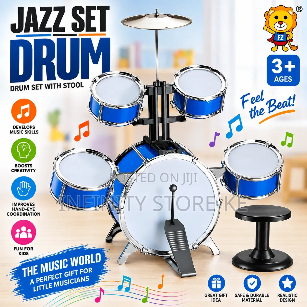 Kids Jazz Drum Set With a Stool-Musical Instruments for Kid 3+yrs