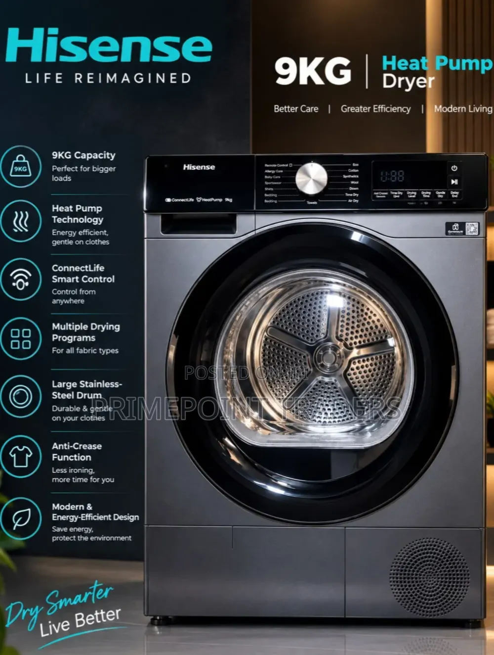 Hisense 9KG Front Loader Dryer With Heat Pump Modern Laundry Solution