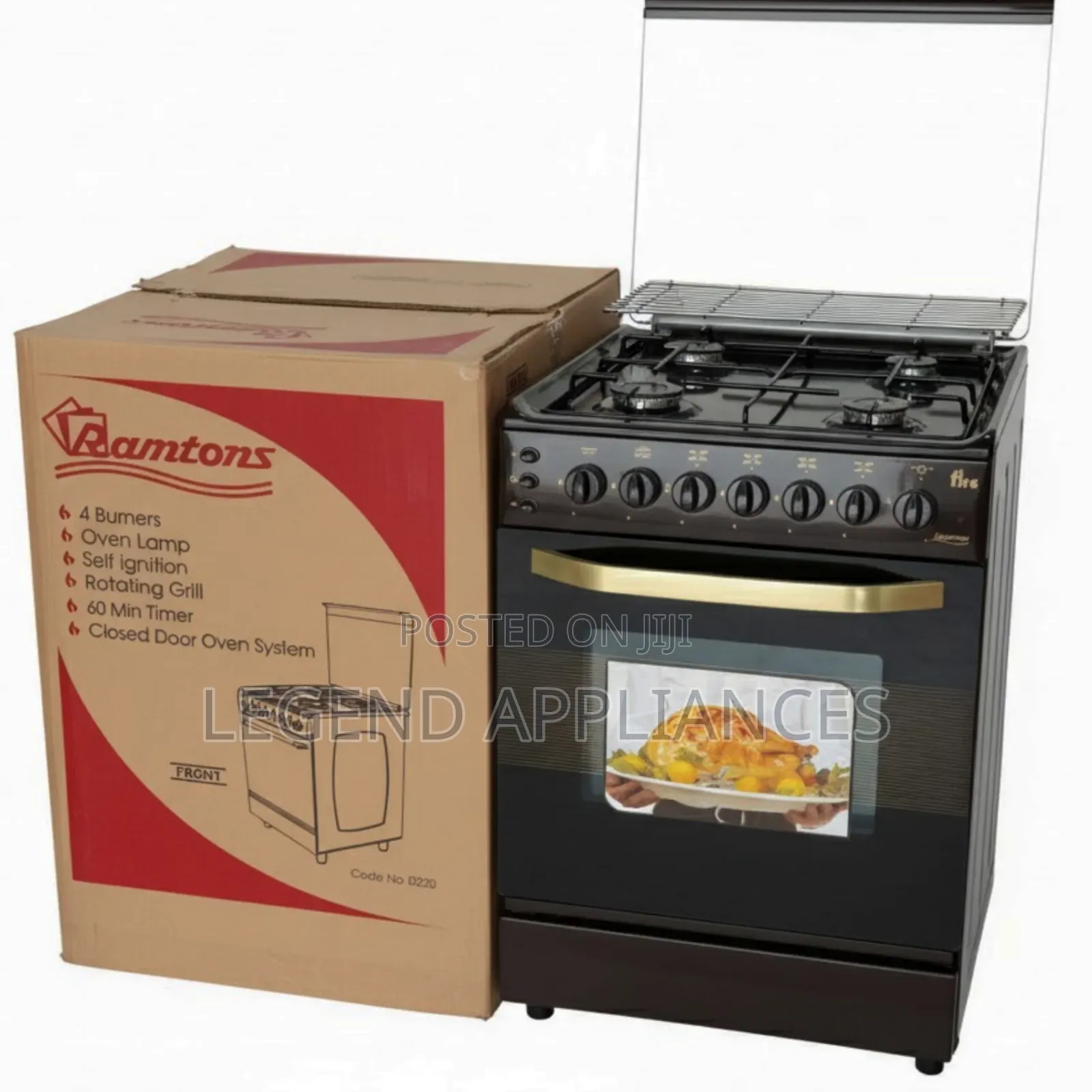 Ramtons - 4 Gas Burners+ Auto Ignition Cooker - Dark Red (1YR WRTY)