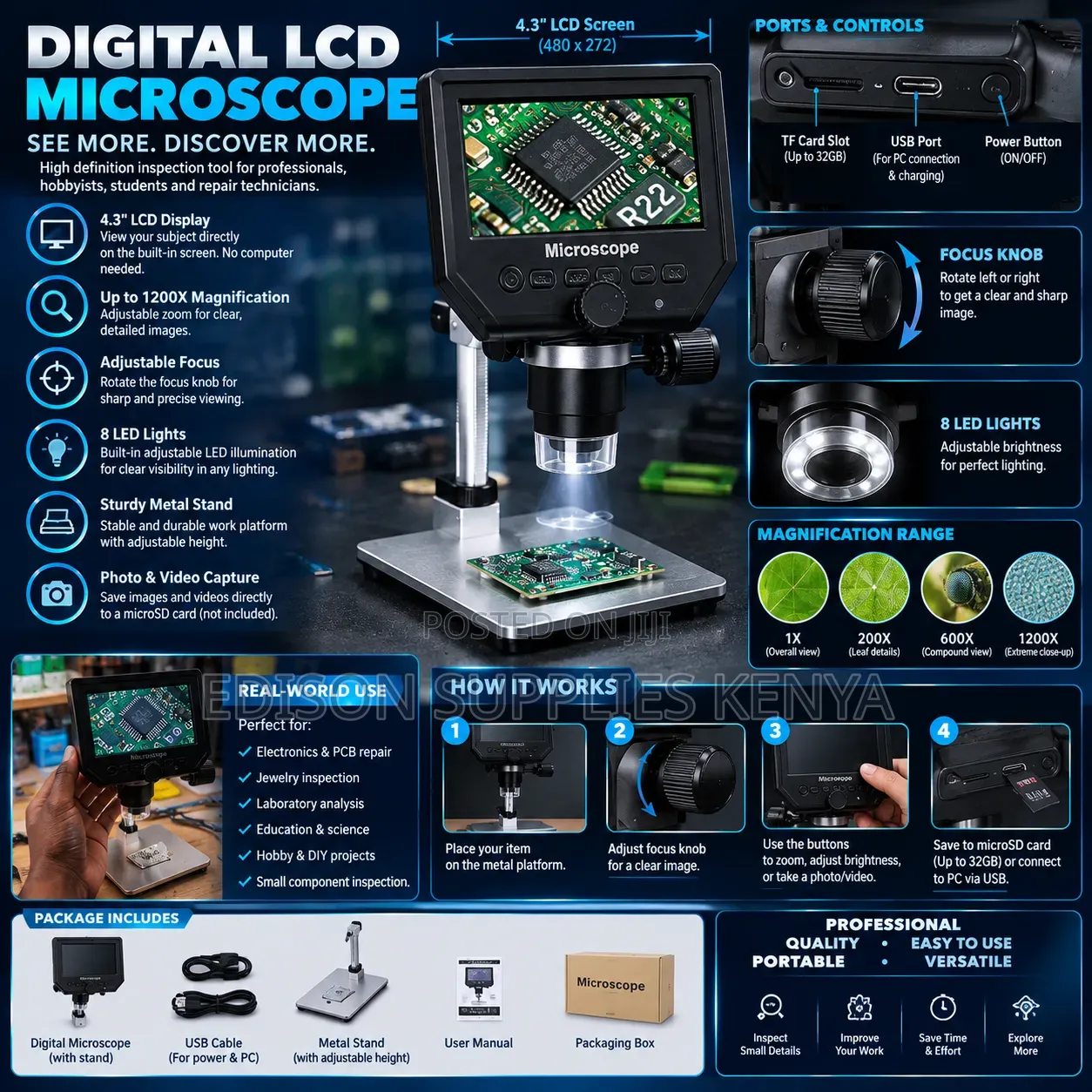 Digital LCD Microscope 8 LED Portable Magnifier Video Capture