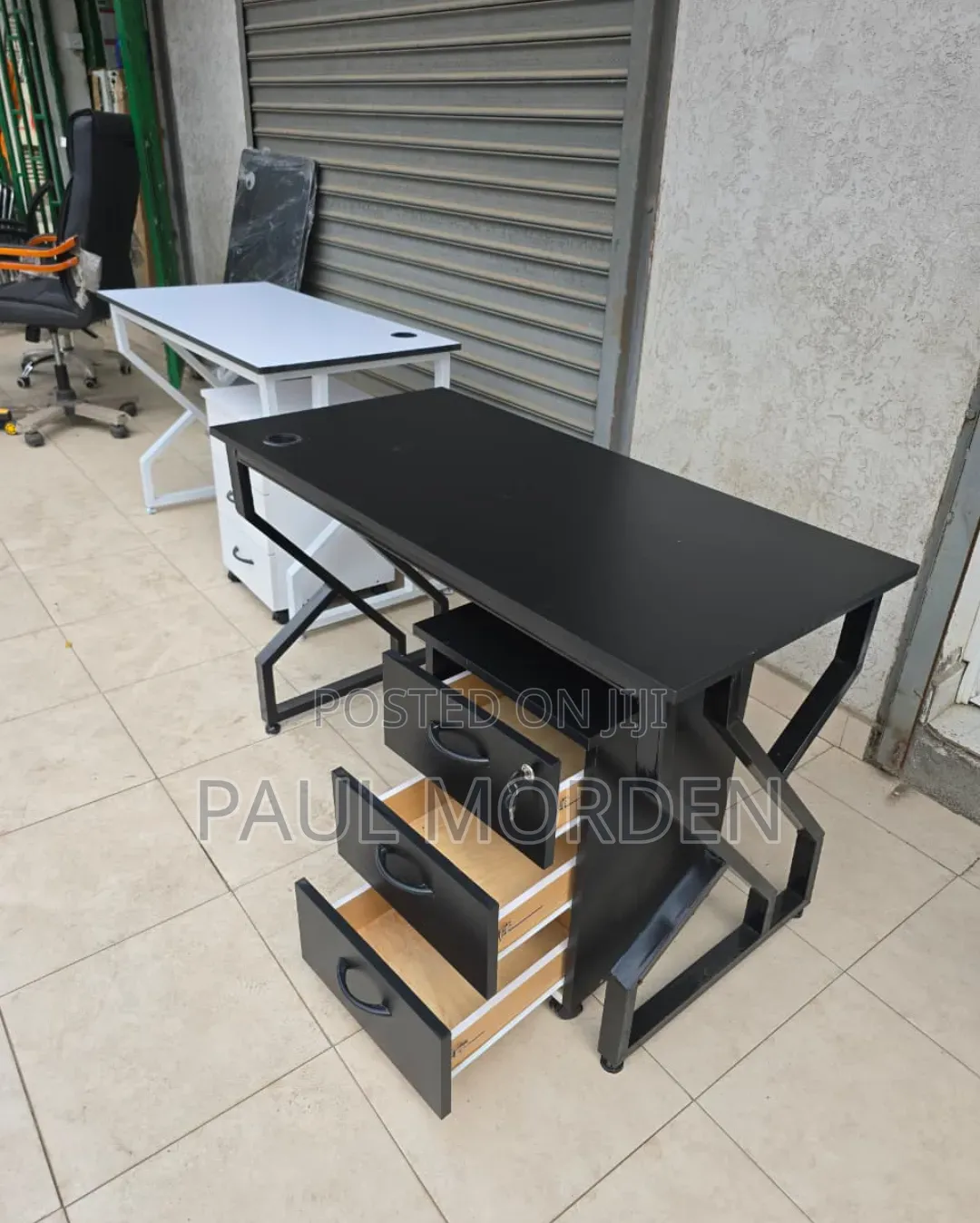Movable Drawers, White Black Double Frame Stand/Metallic Office Tabl