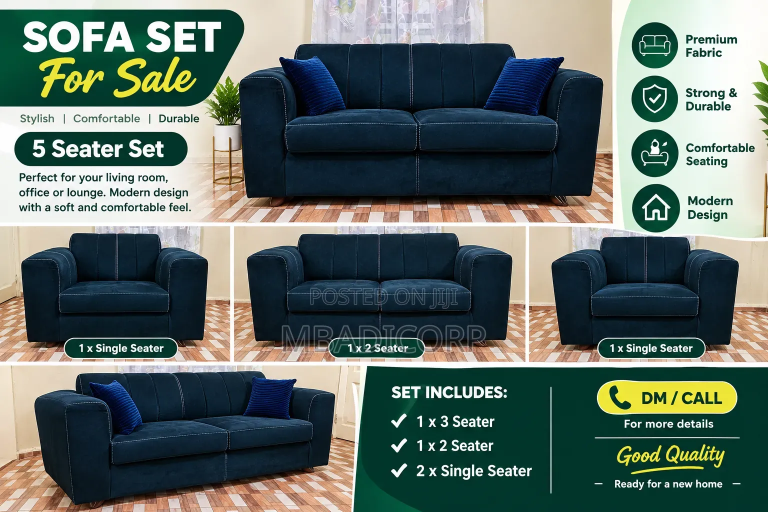 Elegant 5-Seater Navy Blue Sofa Set – Clean Comfortable
