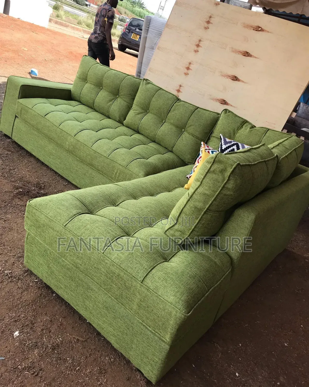 5-Seater Green L-Shaped Sectional Sofa.
