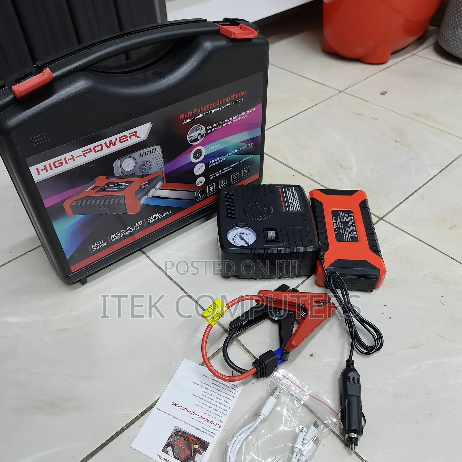 Portable Car Jump Starter Kit and Air Compressor for Roadside Use