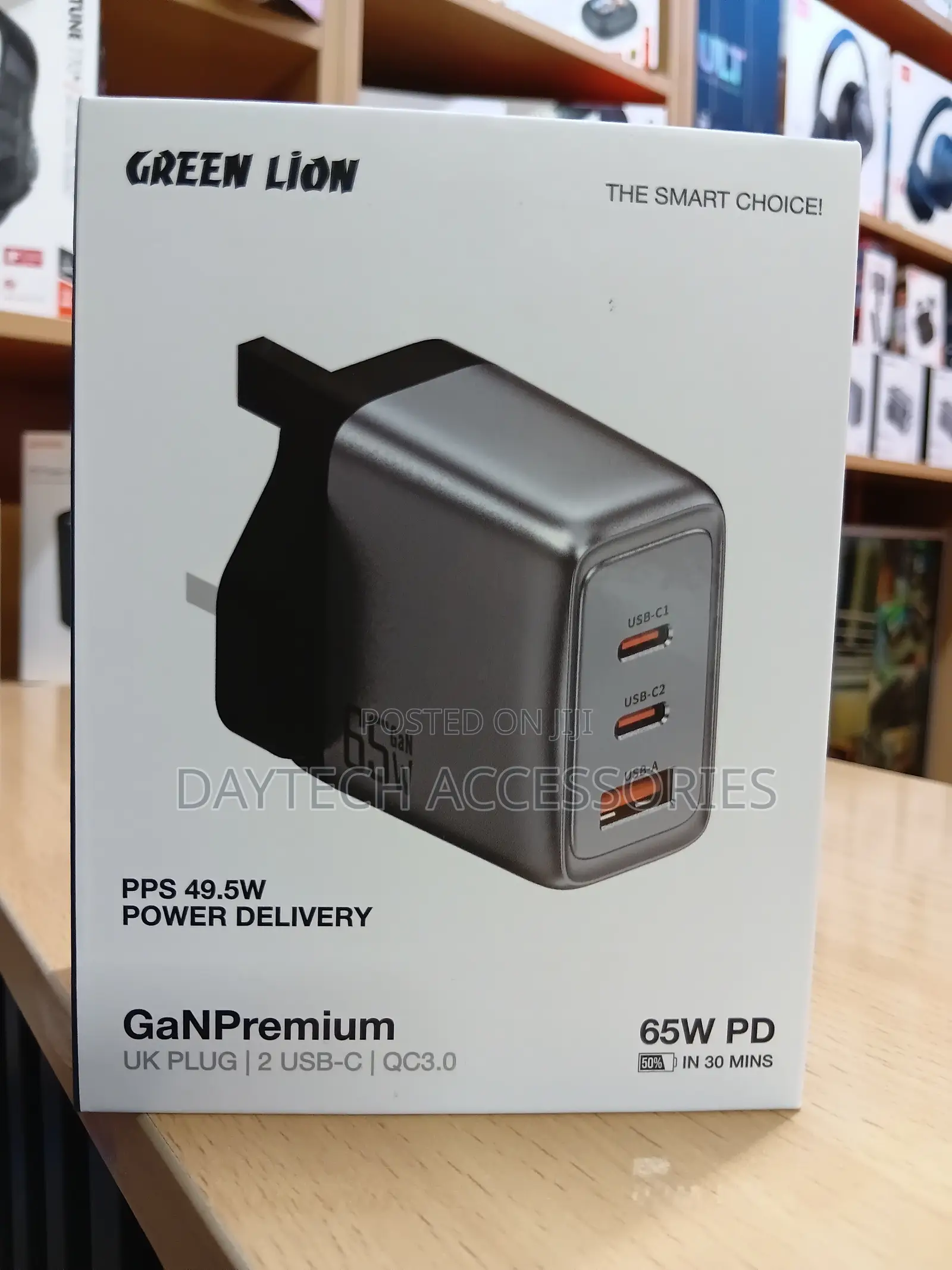 The Green Lion GaN Premium UK Plug Wall Charger (65W PD) in Gray