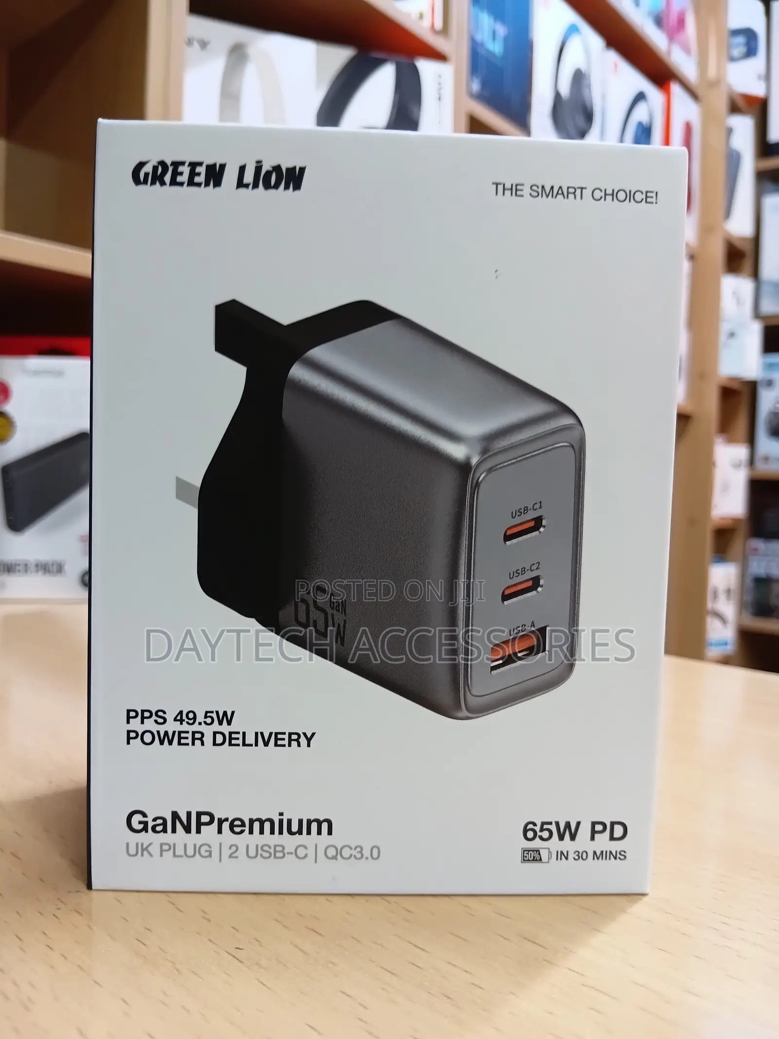The Green Lion GaN Premium UK Plug Wall Charger (65W PD) in Gray