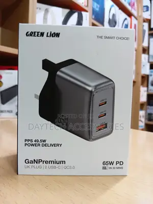 The Green Lion GaN Premium UK Plug Wall Charger (65W PD) in Gray
