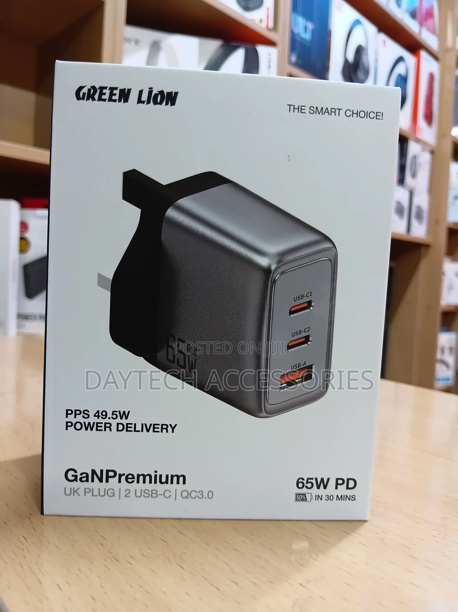 The Green Lion GaN Premium UK Plug Wall Charger (65W PD) in Gray