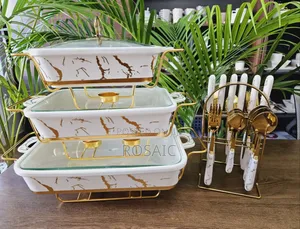 3pcs White Gold Ceramic Chaffing Dish Sizes 3.5ltrs,2.5ltrs