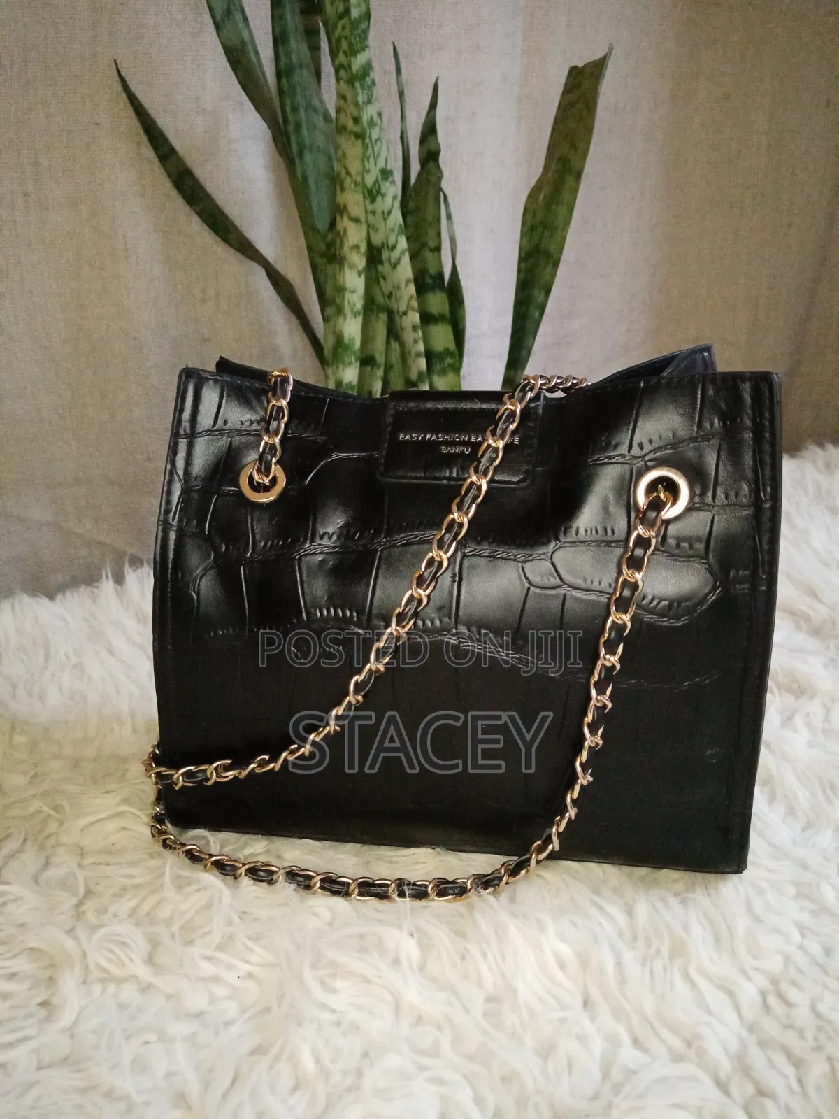 Black Leather Crocodile Embossed Chain Shoulder Tote Bag