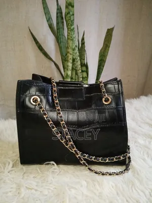 Black Leather Crocodile Embossed Chain Shoulder Tote Bag