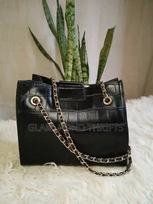 Black Leather Crocodile Embossed Chain Shoulder Tote Bag