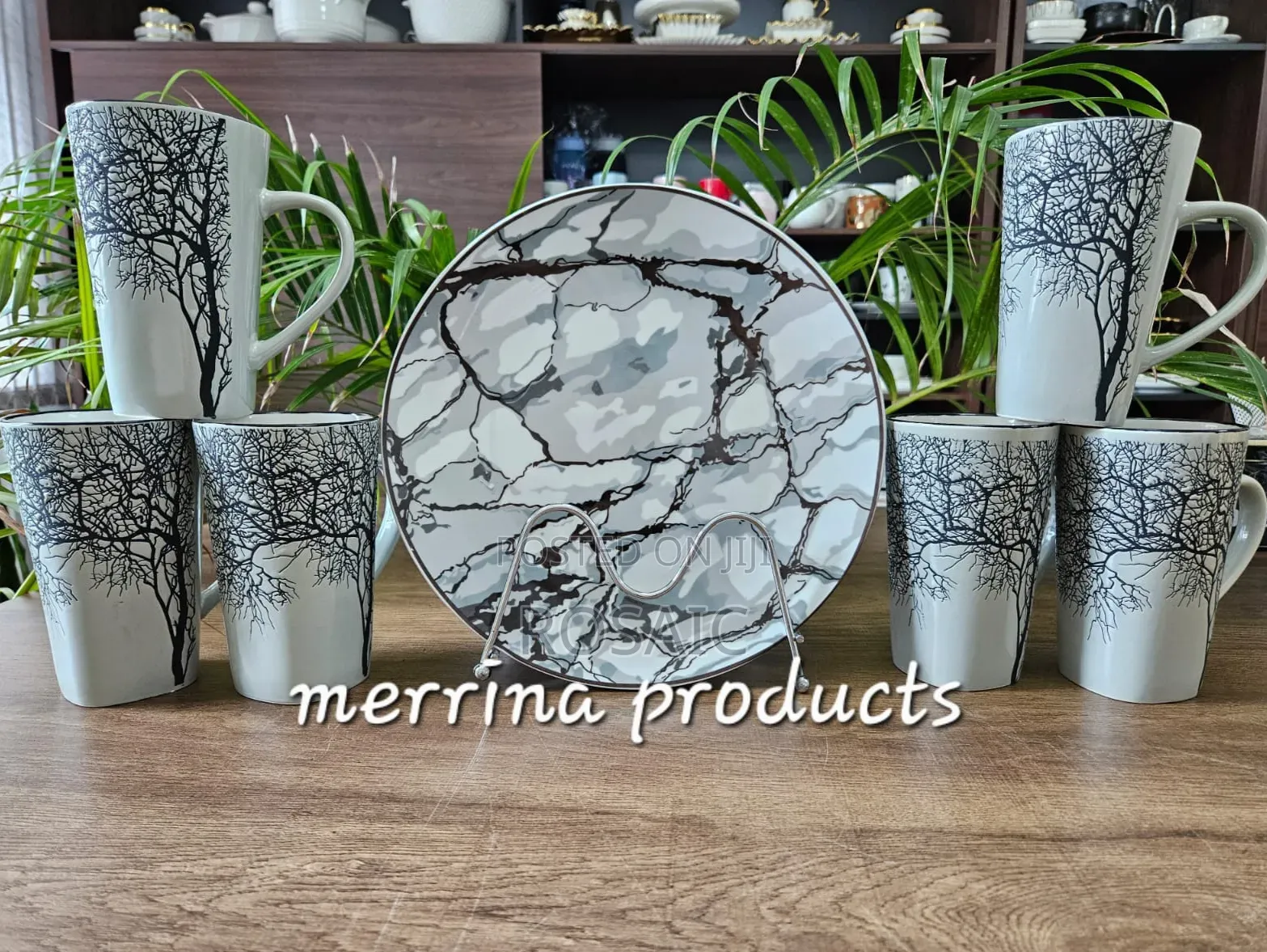 12 Pieces Set High Quality Tree 6 Mug Gray and Gray 6 Plate