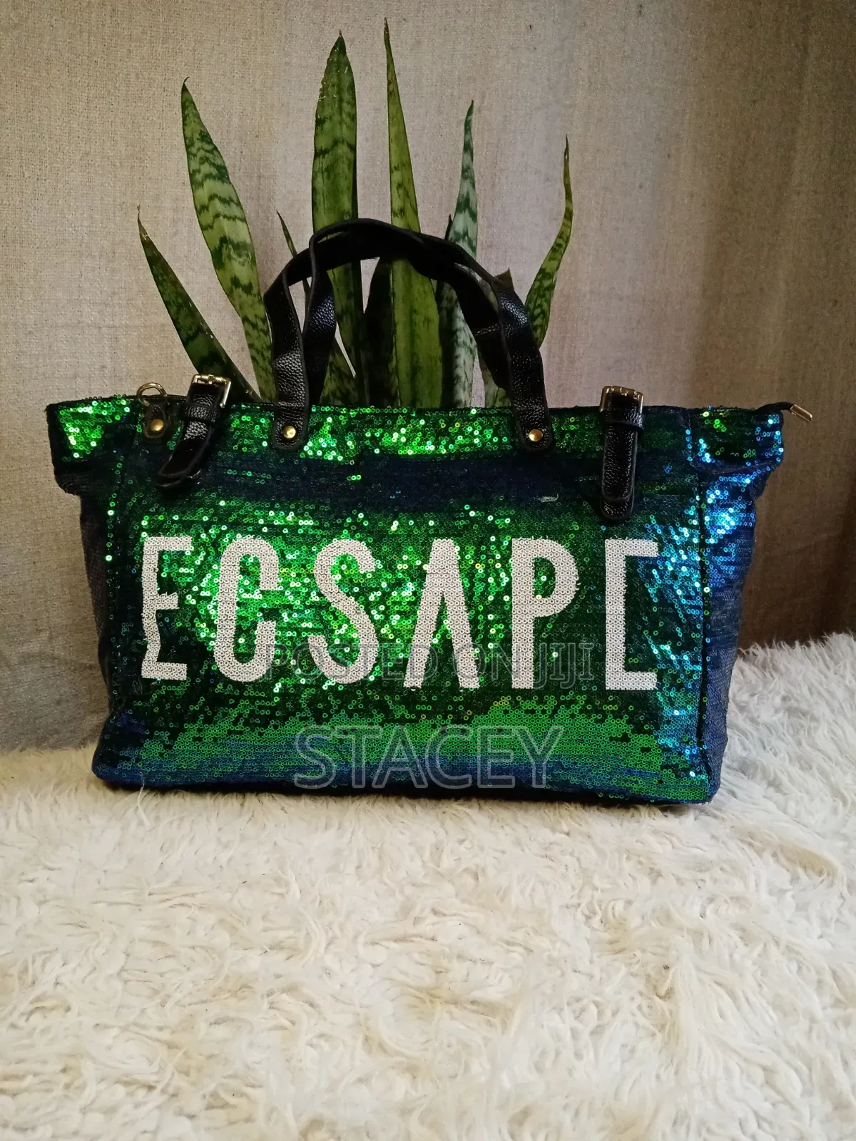 Green Sequined Letter Tote Bag