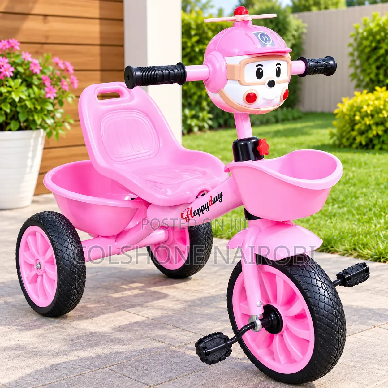 Pink Kids’ 3-Wheel Tricycle With Front Basket Push Handle