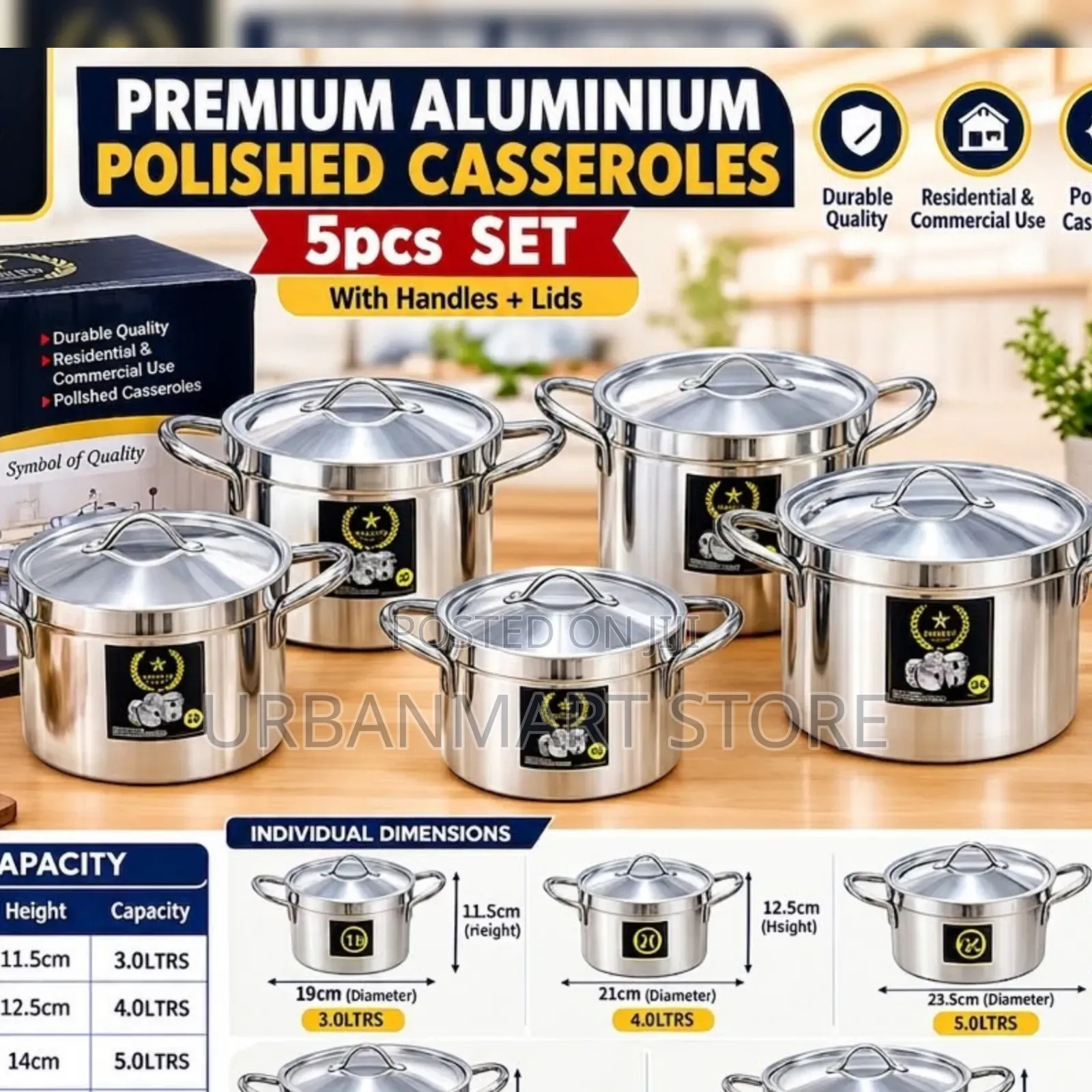 5 Piece Polished Aluminium Casserole Set, 5L - 8.5 Litres