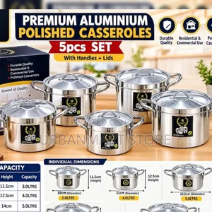 5 Piece Polished Aluminium Casserole Set, 5L - 8.5 Litres