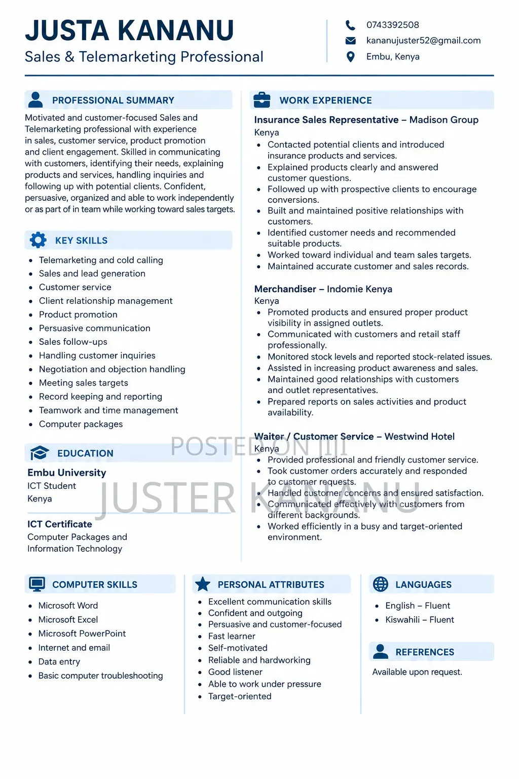 Justa Kananu Cv