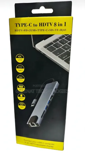 Type-C Hub 8 in 1 HDTV 100W PD 2 USB Type-C SD TF RJ45 Dock