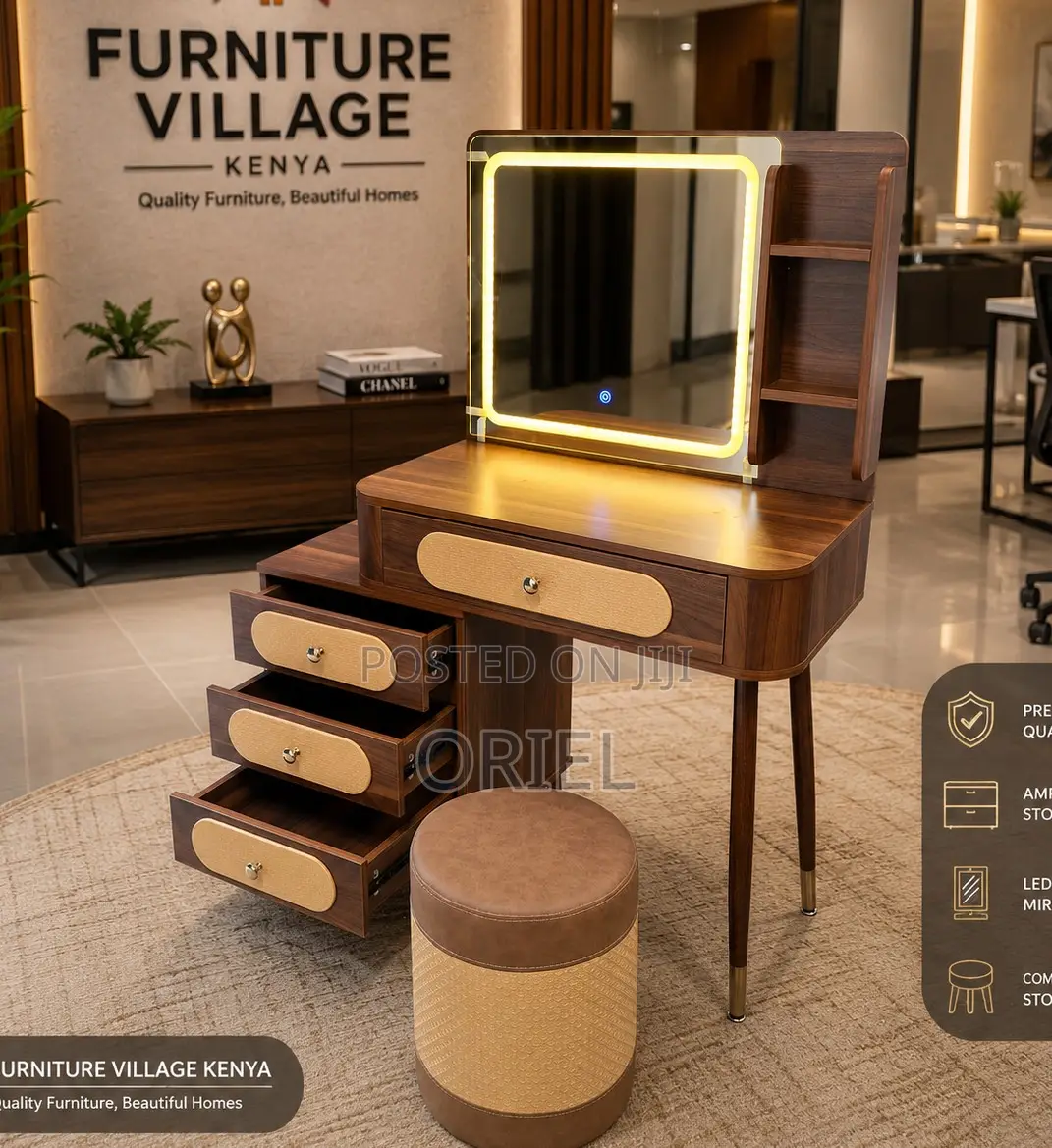 Dressing Table With LED Mirror and Stool Kenya – Modern Vanity Set