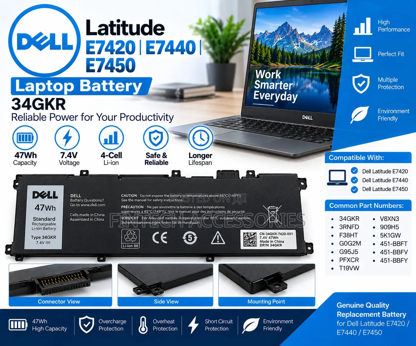 Dell 34GKR Laptop Battery for Latitude E7420 E7440 E7450 47Wh 4 Cell