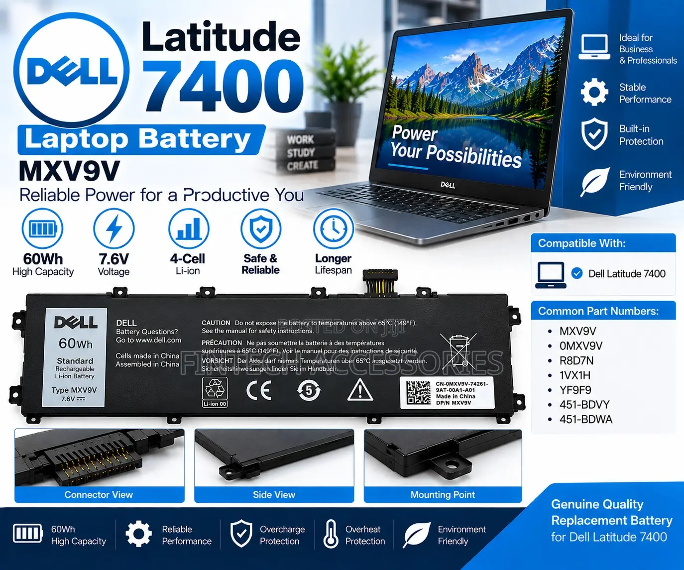 Dell Latitude 7400 Laptop Battery MXV9V 60Wh 4 Cell Replacement