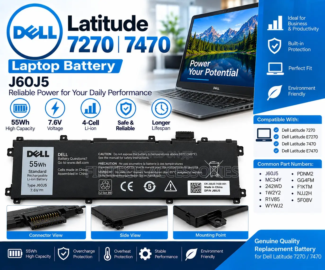 Dell J60J5 Laptop Battery for Latitude 7270 7470 55Wh 4 Cell