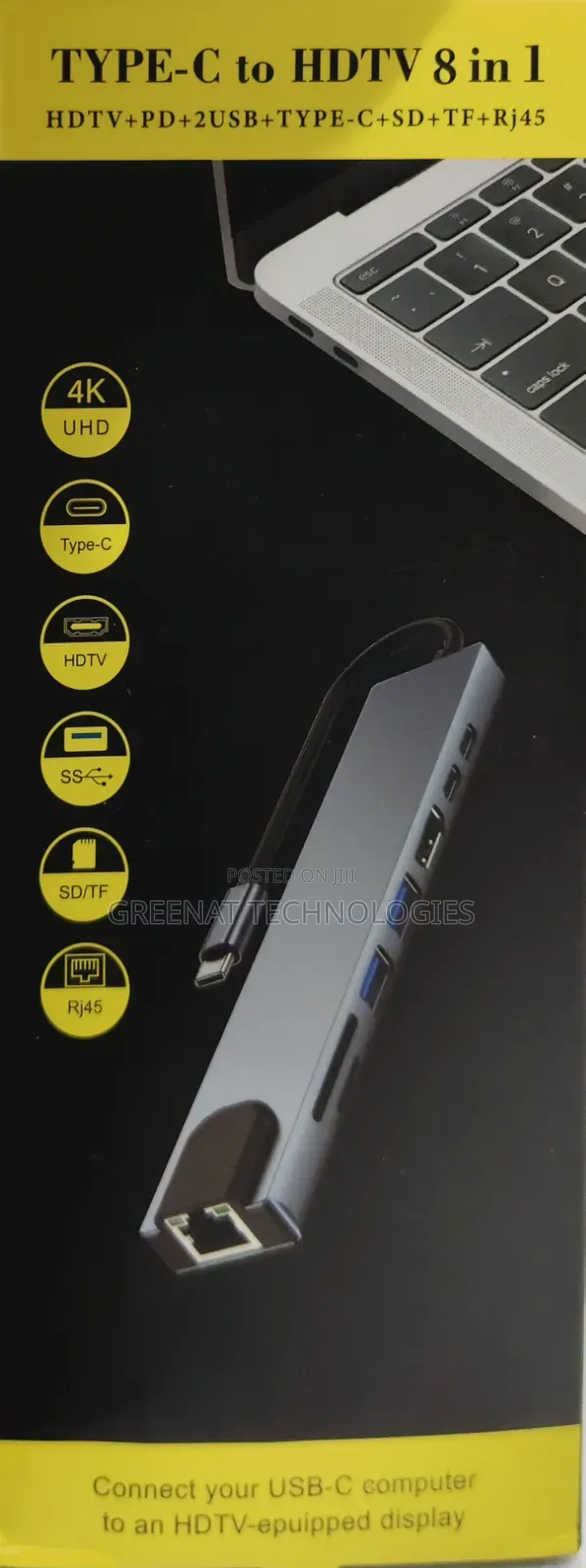 8 in 1 Type-C Hub HDMI + PD 100W 2 USB + RJ45 SD TF Laptop MacBook
