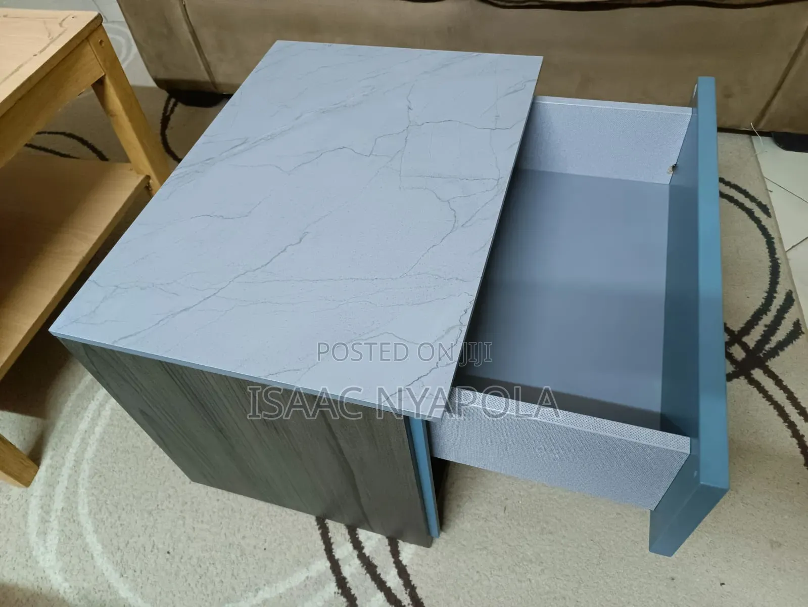 Elegant Blue and Grey Bedside Cabinet With Open Shelf and Drawer.