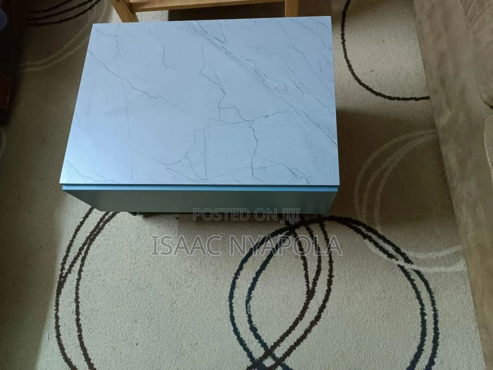 Elegant Blue and Grey Bedside Cabinet With Open Shelf and Drawer.