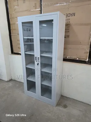 2 Glass Doors Filling Cabinet With 5 Shelves