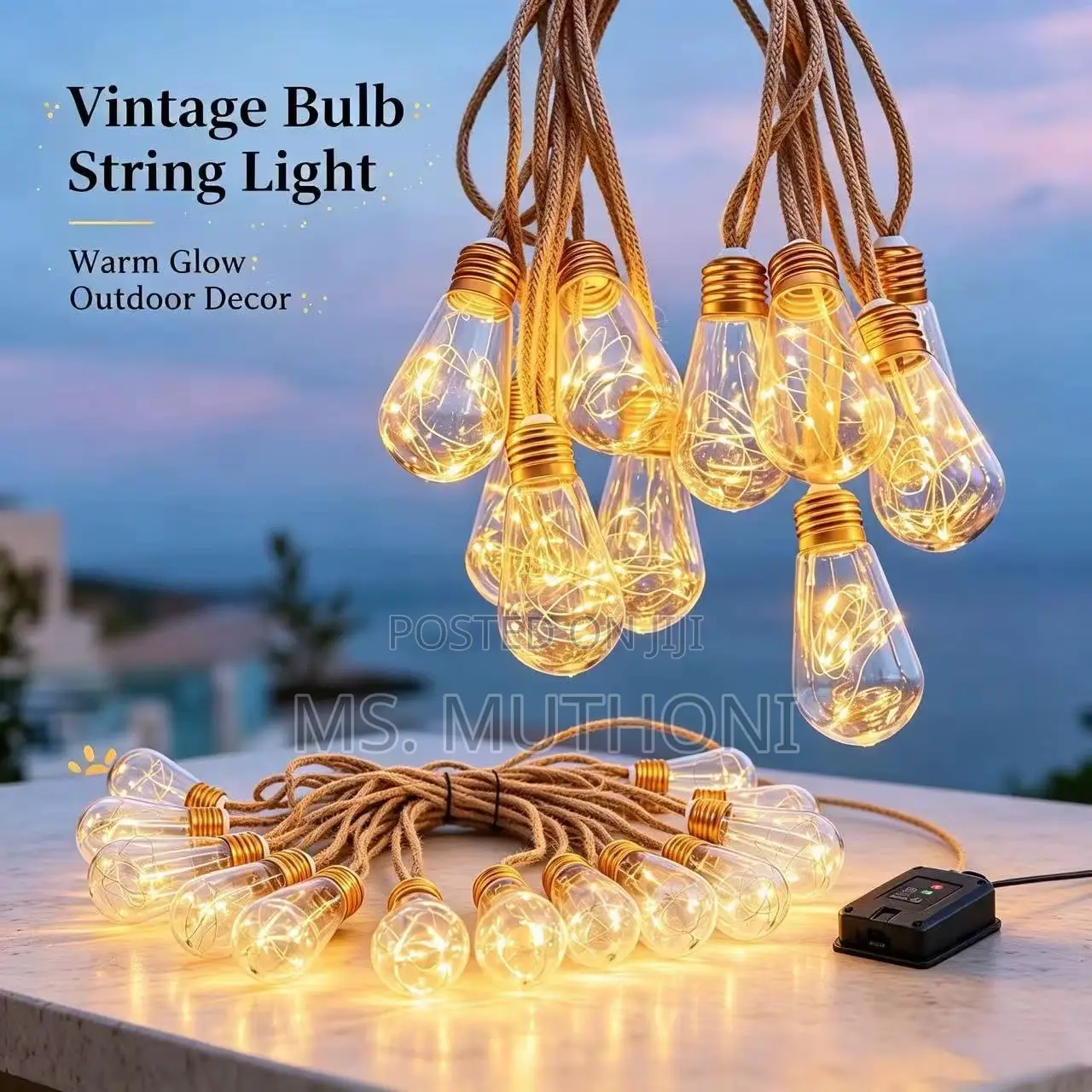 10m Vintage Hemp Rope Christmas Lights — USB + Solar | in Outdoor