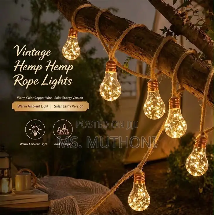 10m Vintage Hemp Rope Christmas Lights — USB + Solar | in Outdoor