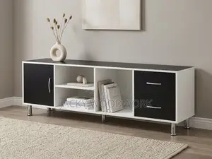 Sleek Minimalist White and Black Low-Profile TV Stand