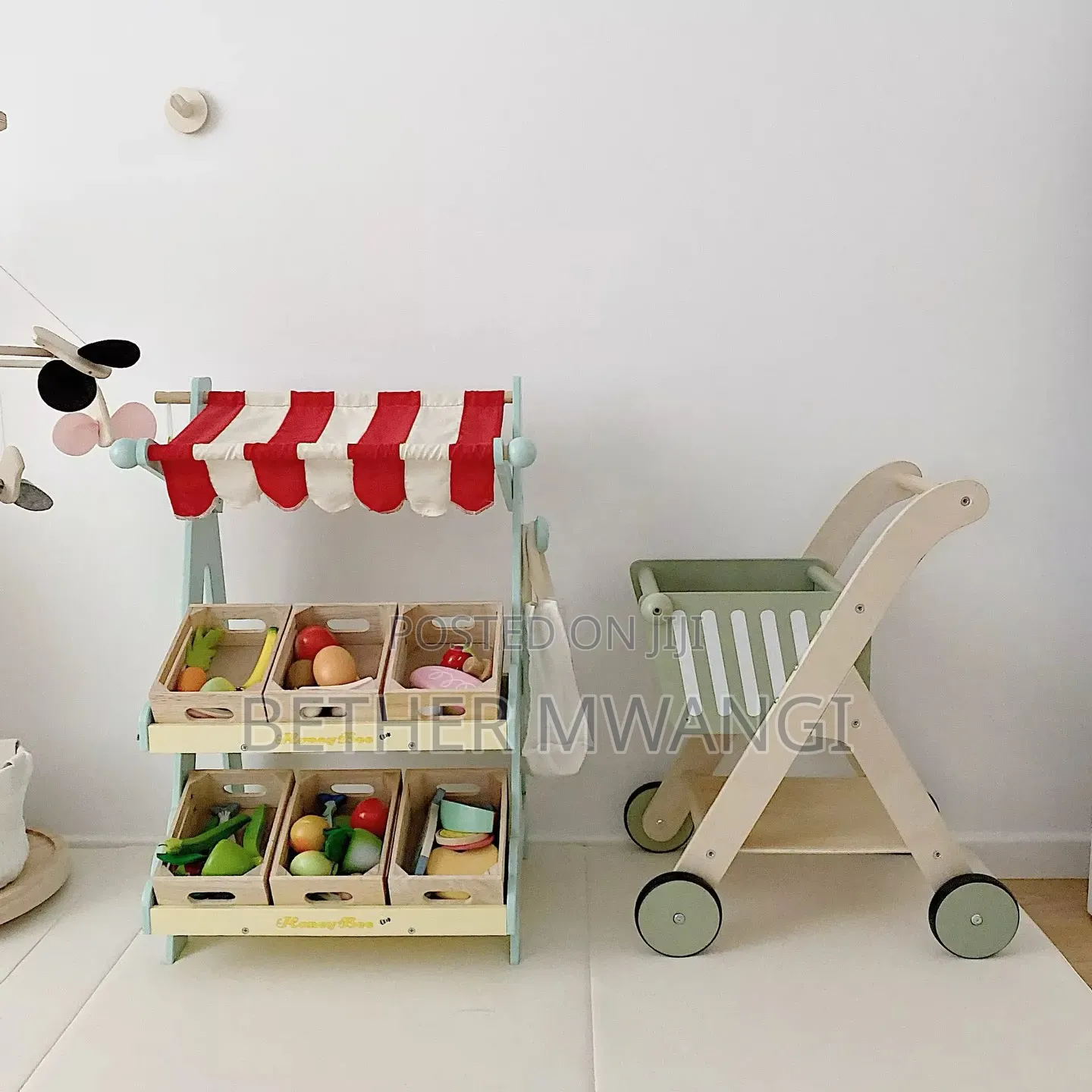 Wooden Kids Shopping Trolley - Pretend Grocery Play Toy