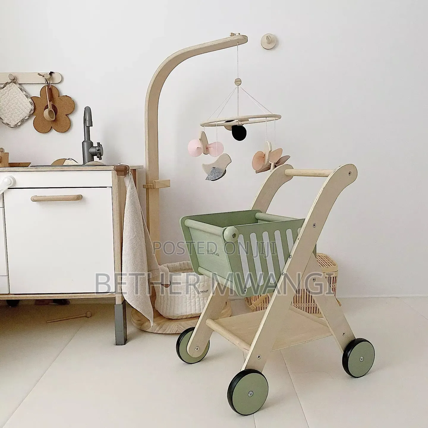 Wooden Kids Shopping Trolley - Pretend Grocery Play Toy