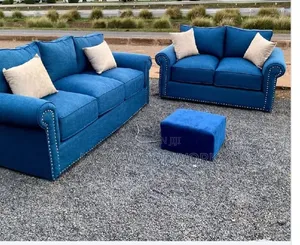 Premium 5-Seater Royal Blue Fabric Sofa Set With Stud Details