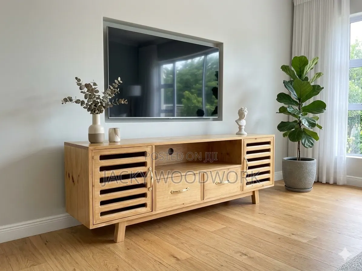 Premium Solid Pine 4-Compartment Media Console With Louvred Cabinets