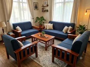 Handcrafted Solid Wood Frame Sofa Set With Premium Blue Upholstery