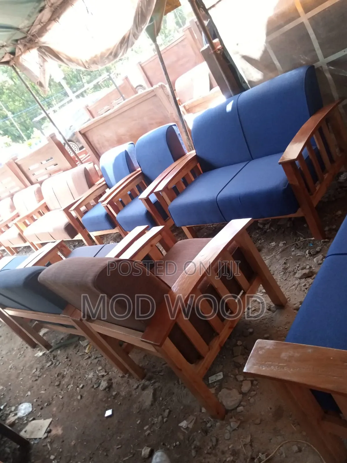 Handcrafted Solid Wood Frame Sofa Set With Premium Blue Upholstery