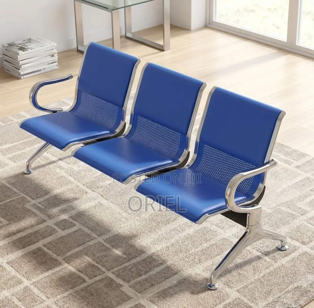 Office Bench : 3-Seater Blue Leather Linked Bench