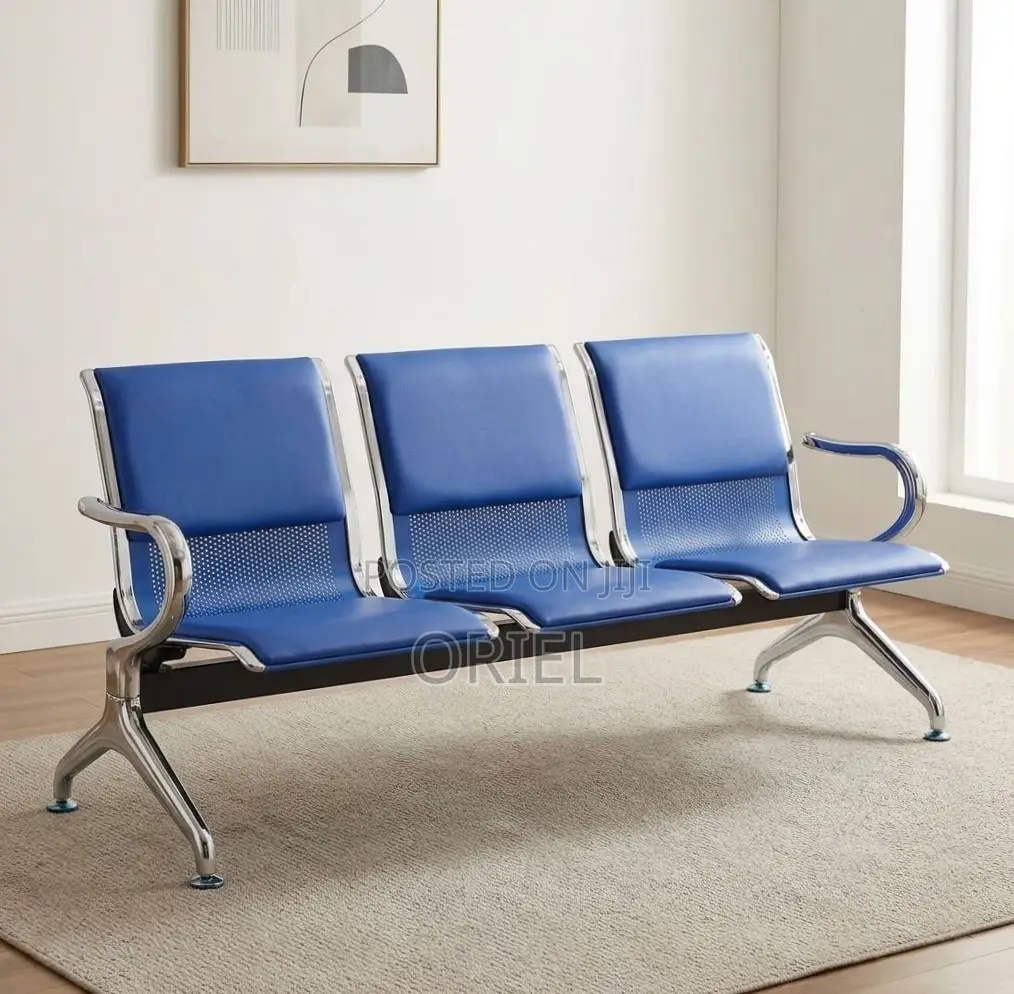 Office Bench : 3-Seater Blue Leather Linked Bench