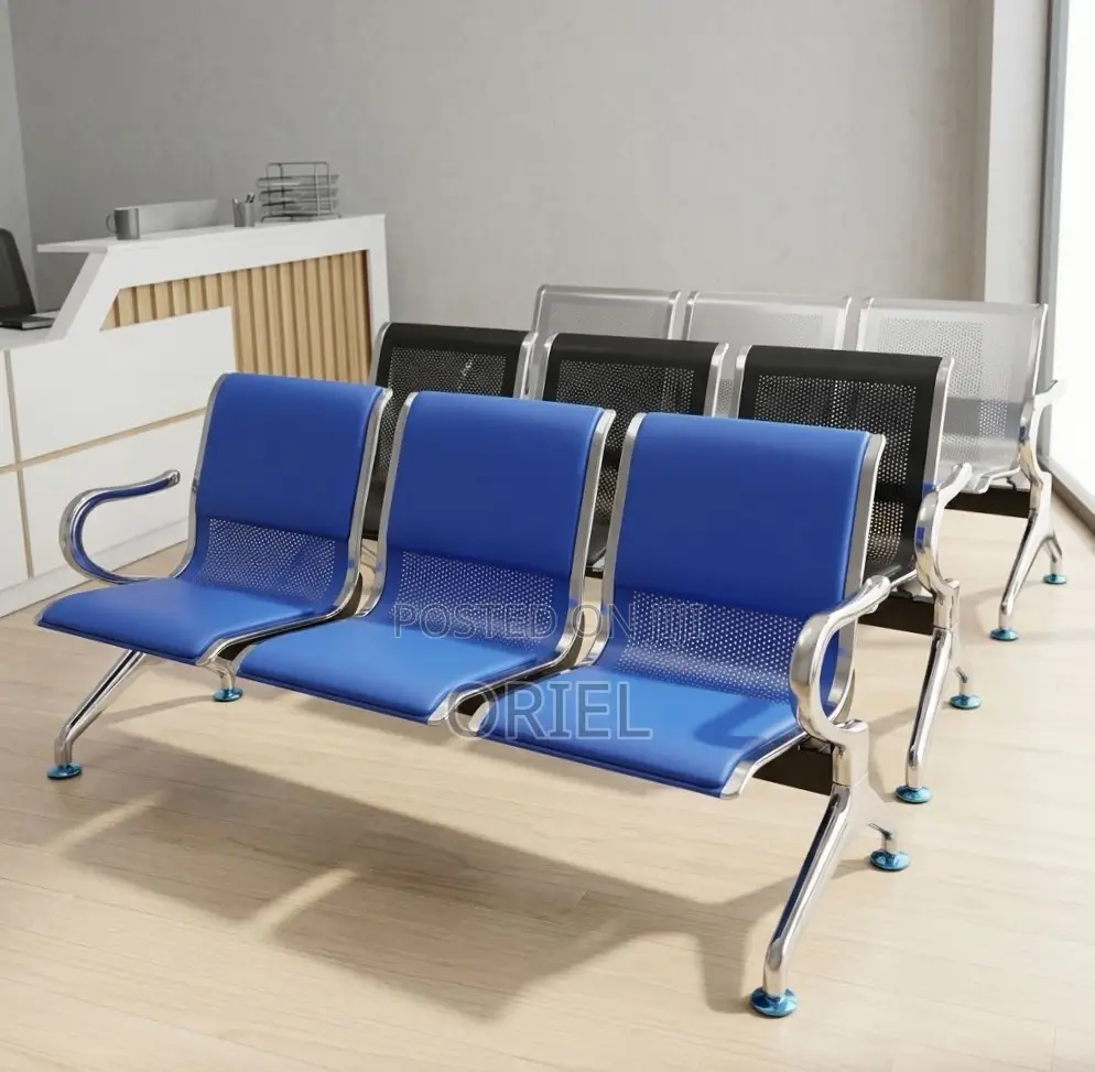 Office Bench : 3-Seater Blue Leather Linked Bench