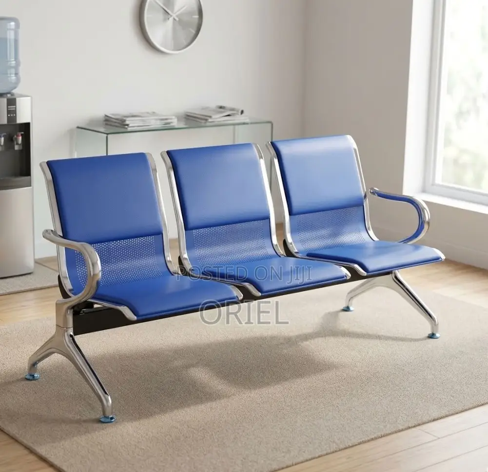 Office Bench : 3-Seater Blue Leather Linked Bench