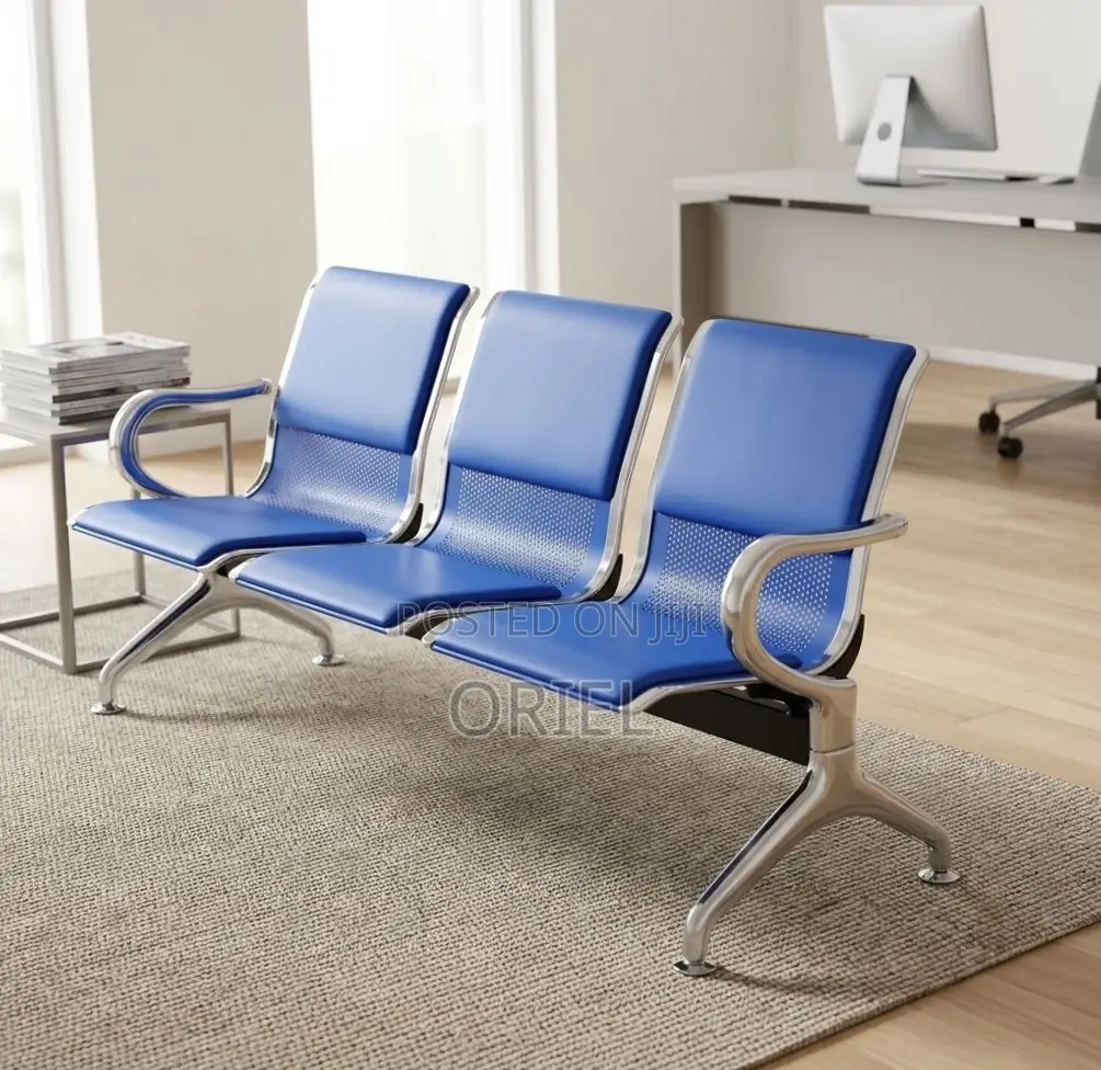 Office Bench : 3-Seater Blue Leather Linked Bench
