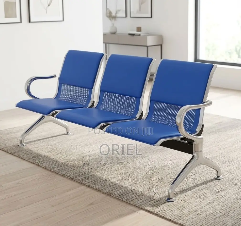 Office Bench : 3-Seater Blue Leather Linked Bench