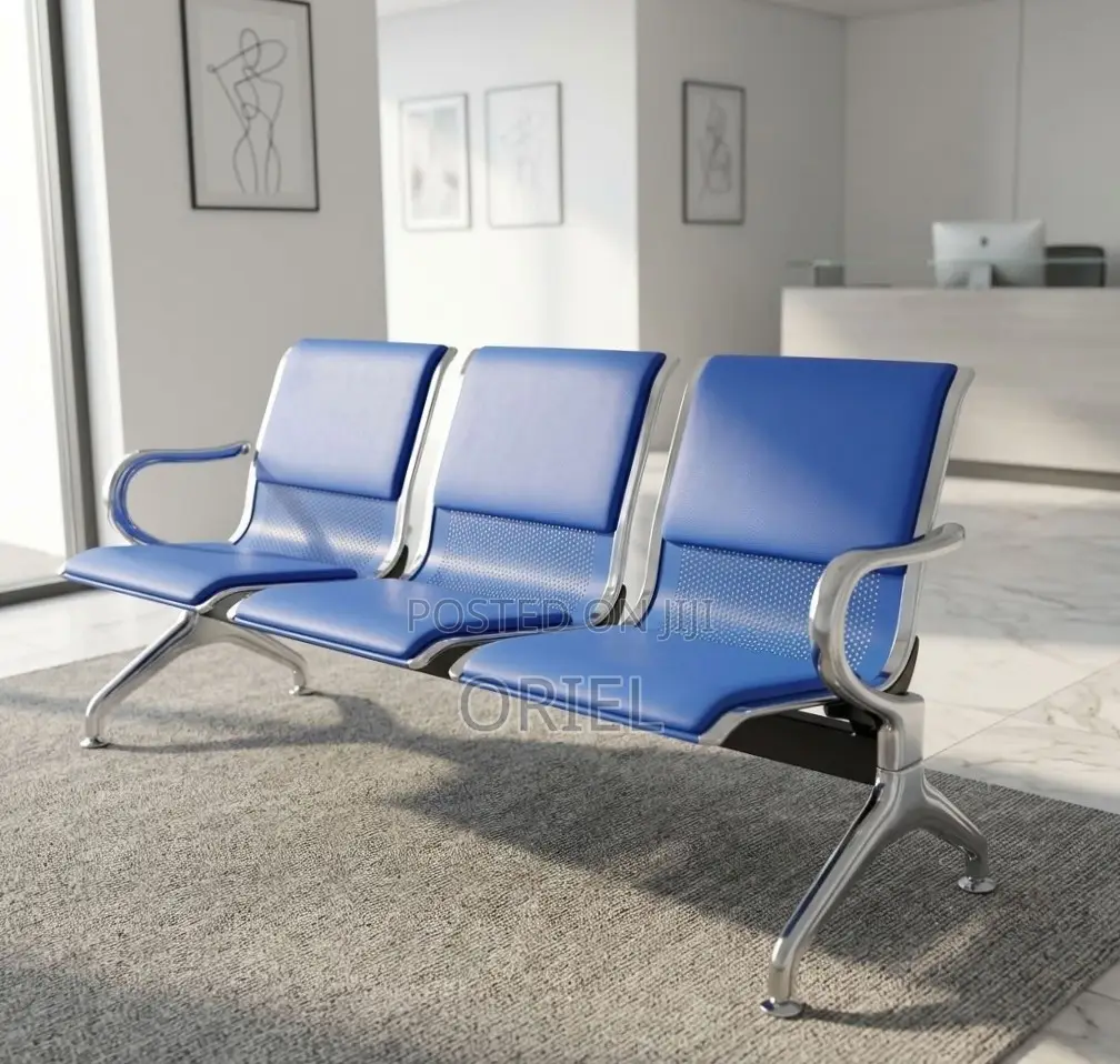 Office Bench : 3-Seater Blue Leather Linked Bench