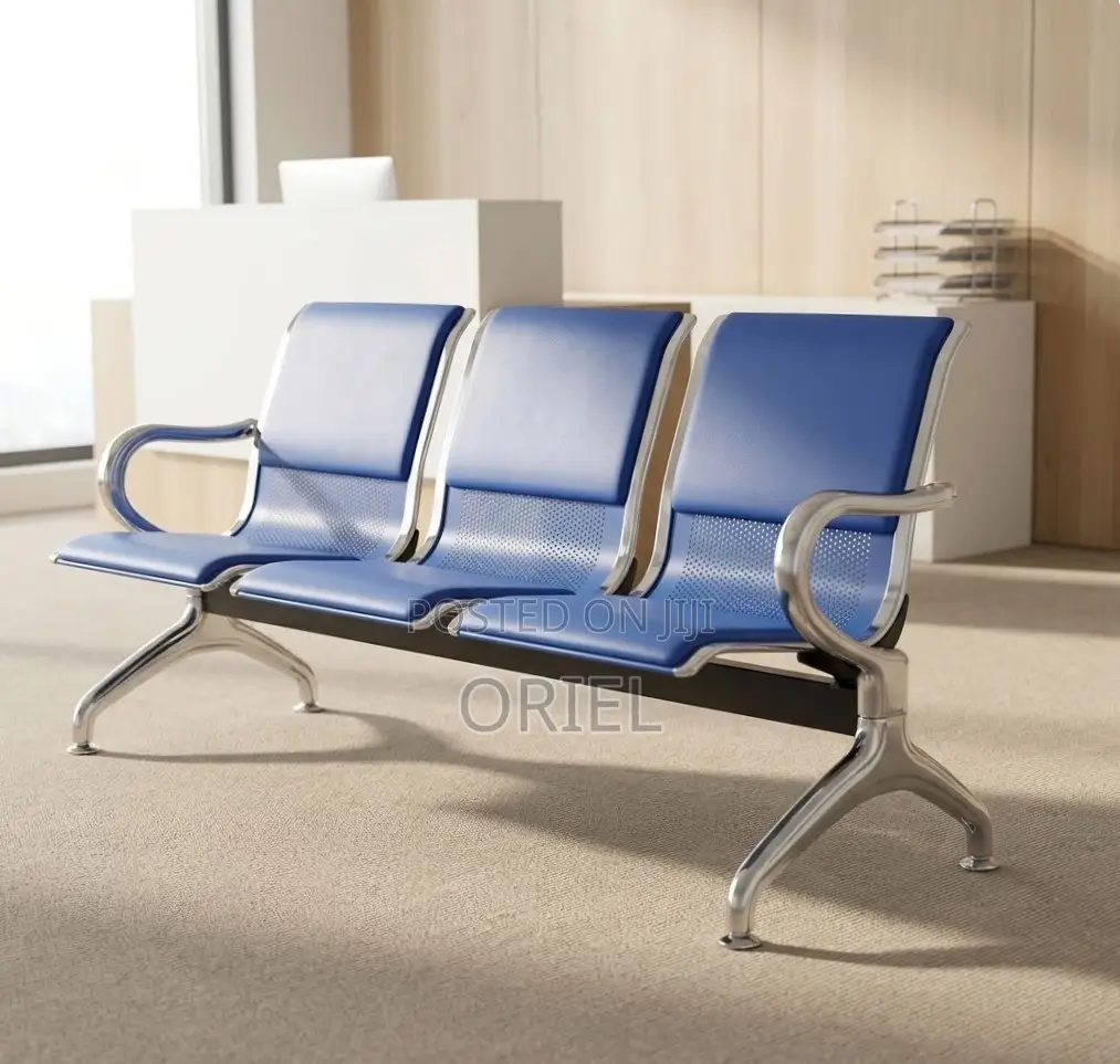 Office Bench : 3-Seater Blue Leather Linked Bench